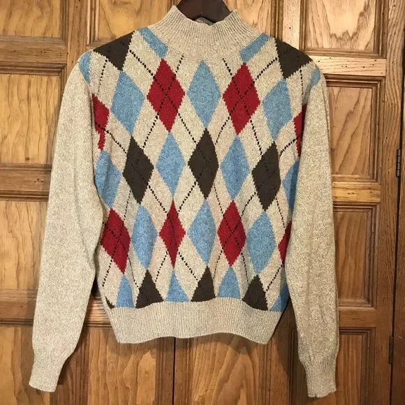 Vtg. Robert Scott Ltd. Tan Argyle Sweater Womens L Silk Wool Blend Mock Neck LS - Picture 3 of 8